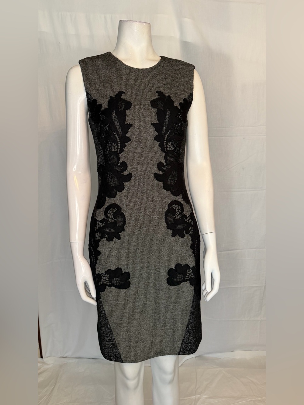 Diane Von Furstenberg Gray Sheath Dress with Black Lace Panels